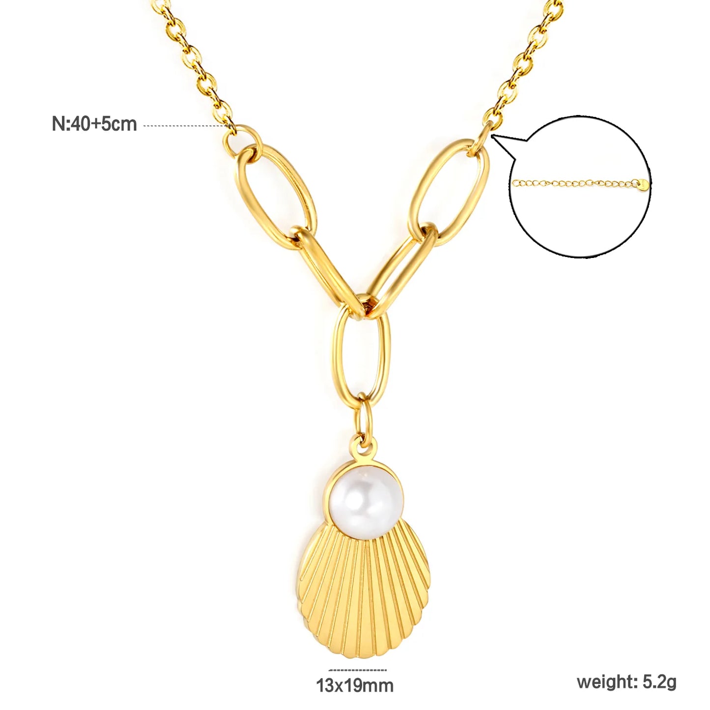 ✨ Wholesale PVD 18k gold 13x19mm Shell & 10mm Pearl Pendant Necklace | Gold Stainless Steel 40+5cm Chain