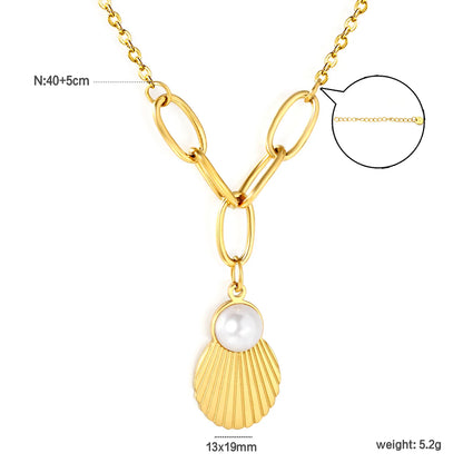 ✨ Wholesale PVD 18k gold 13x19mm Shell & 10mm Pearl Pendant Necklace | Gold Stainless Steel 40+5cm Chain