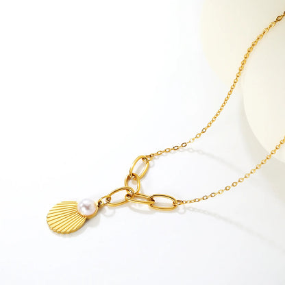 ✨ Wholesale PVD 18k gold 13x19mm Shell & 10mm Pearl Pendant Necklace | Gold Stainless Steel 40+5cm Chain