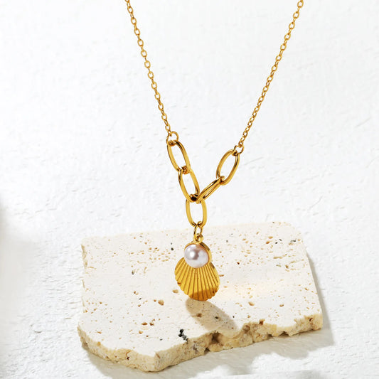 ✨ Wholesale PVD 18k gold 13x19mm Shell & 10mm Pearl Pendant Necklace | Gold Stainless Steel 40+5cm Chain