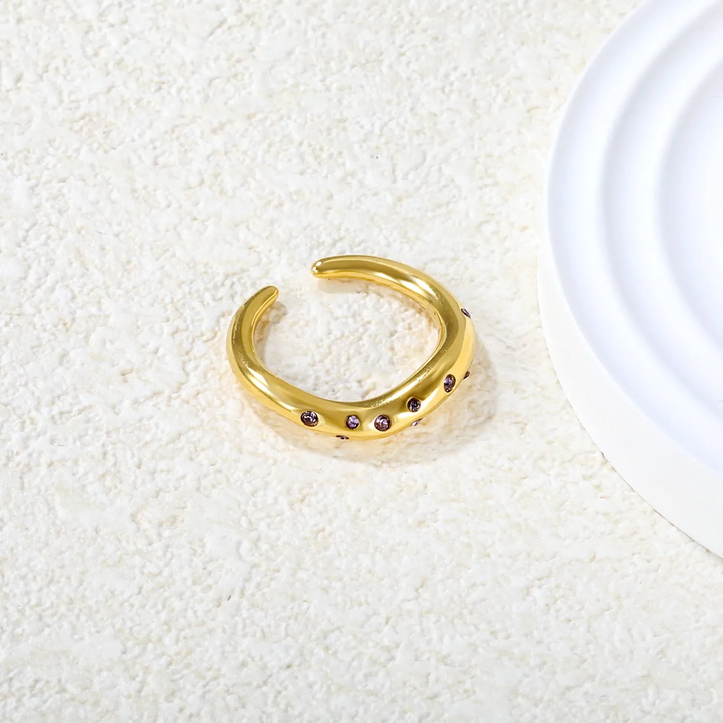 ✨ Wholesale 4.5mm Irregular Open Ring | Gold Stainless Steel w/ Purple/White/Mixed Diamonds