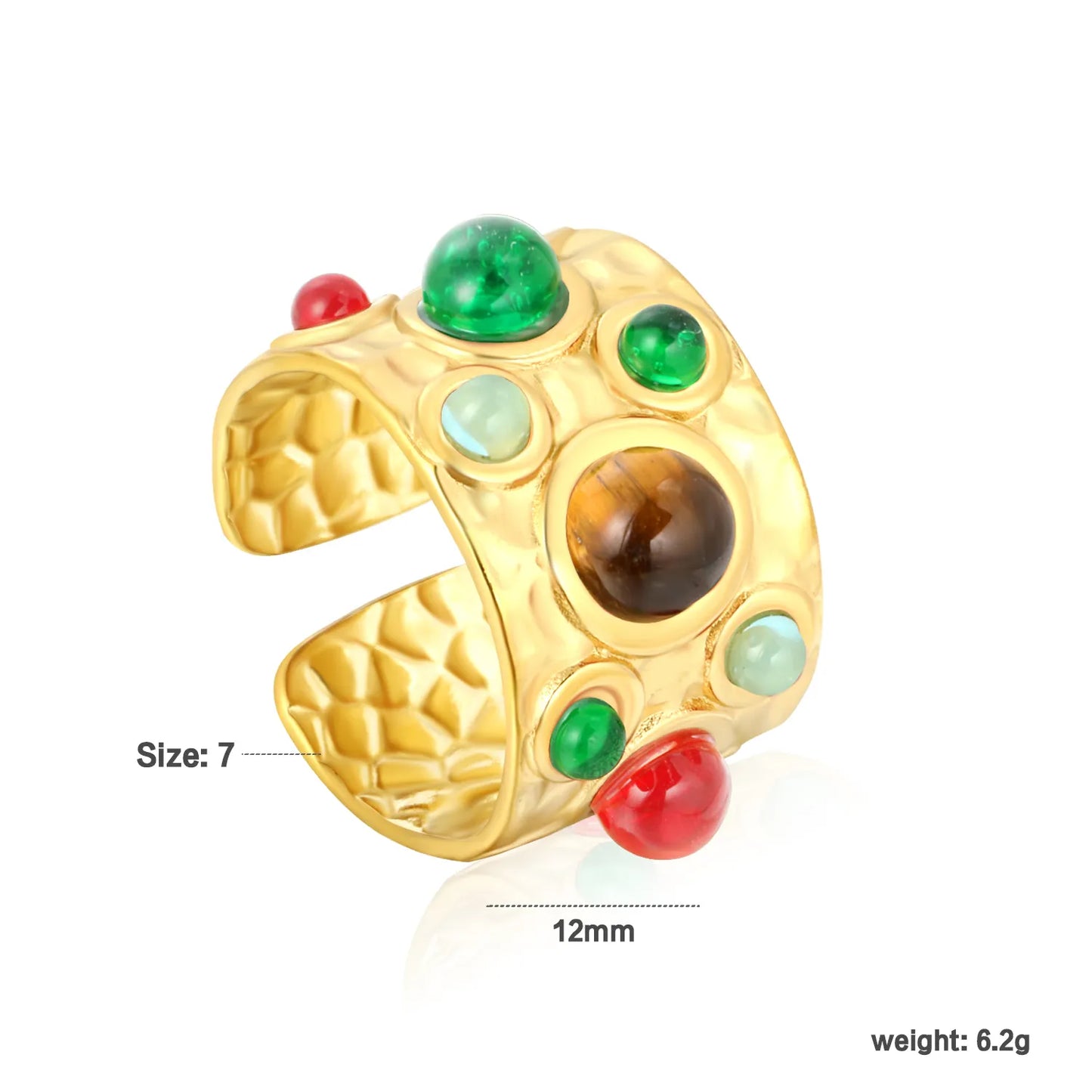 Wholesale Resin Stone Open Ring | Mixed Color Natural Resin Gems | 12mm High Size 7 | Gold Plated Bohemian Style Ring