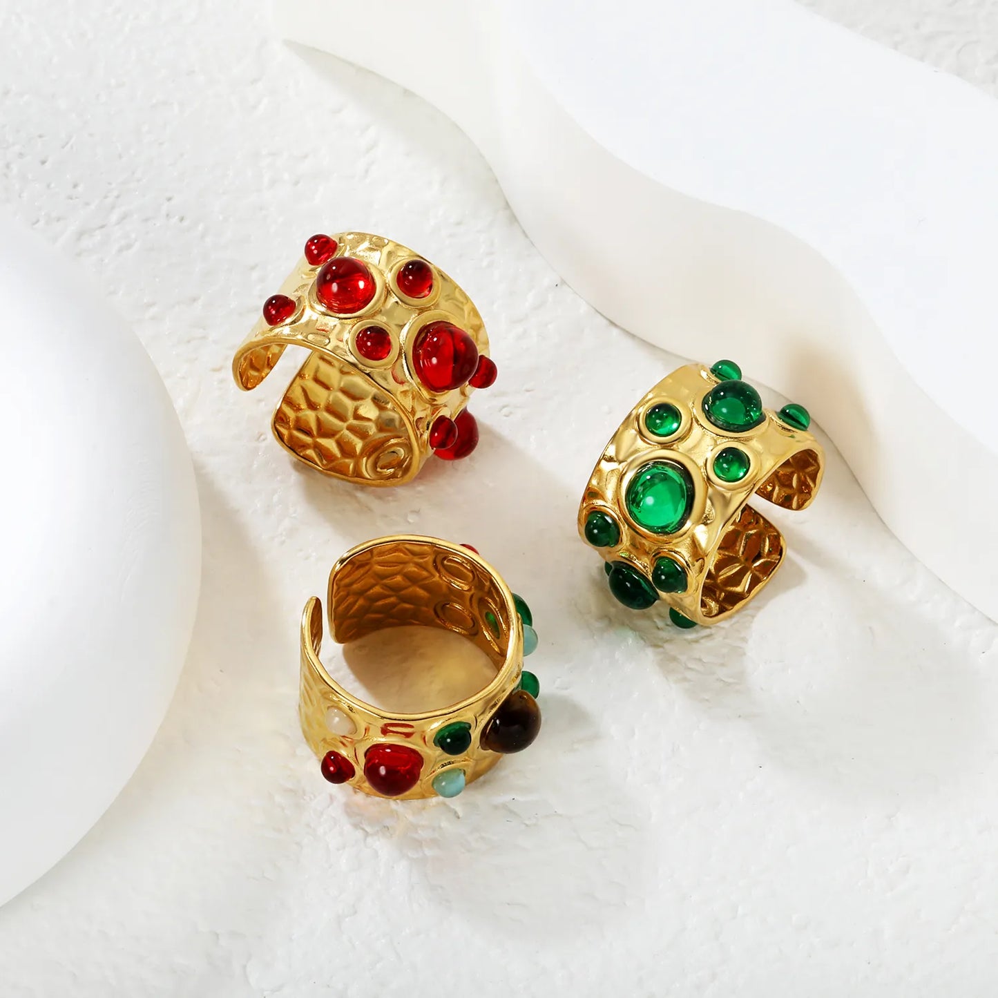 Wholesale Resin Stone Open Ring | Mixed Color Natural Resin Gems | 12mm High Size 7 | Gold Plated Bohemian Style Ring