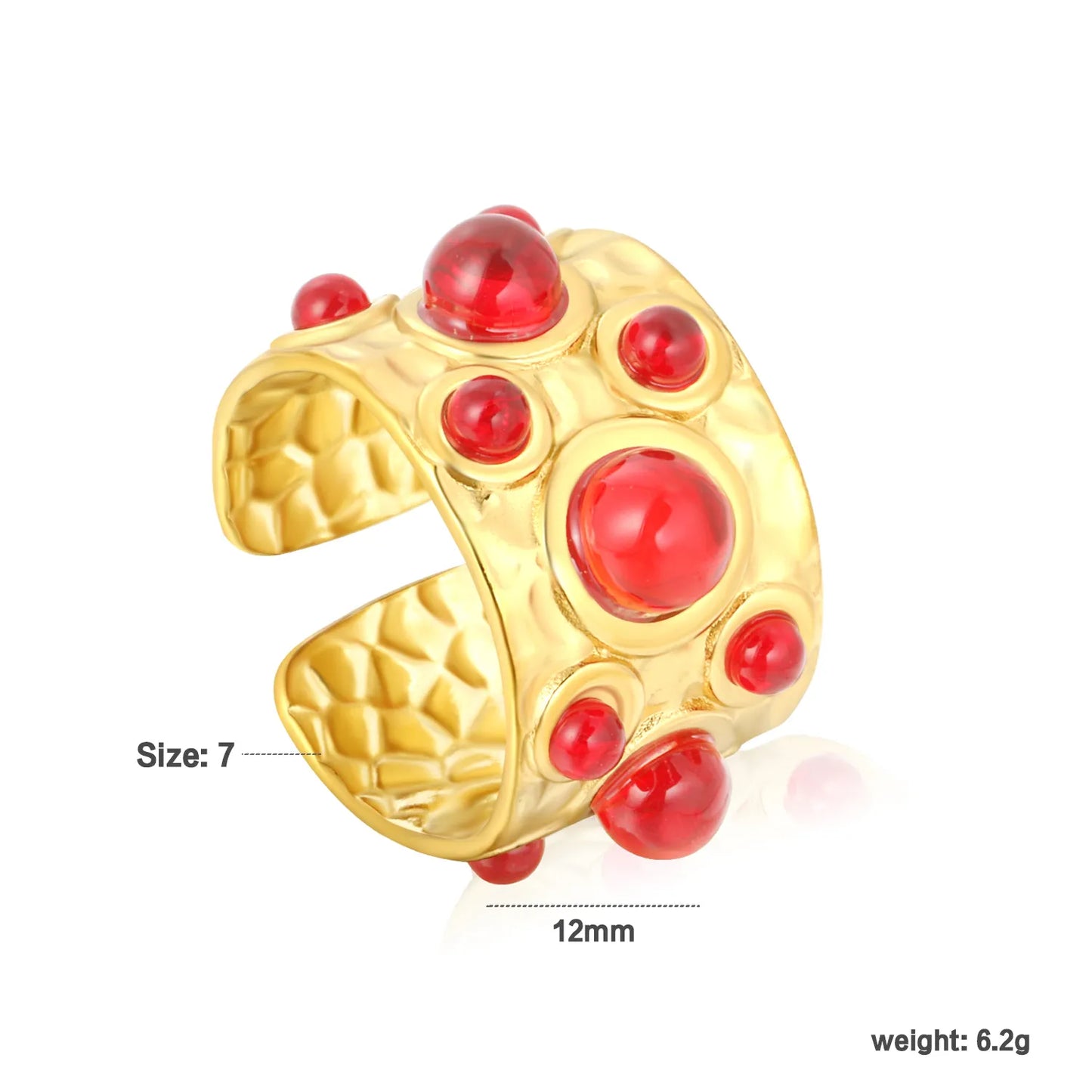 Wholesale Resin Stone Open Ring | Mixed Color Natural Resin Gems | 12mm High Size 7 | Gold Plated Bohemian Style Ring