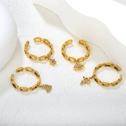 Wholesale Multi-Charm Open Ring | Star/Heart/Leaf/Cross with White Zircon | 10.7mm High Size 7 | Gold Plated Stainless Steel