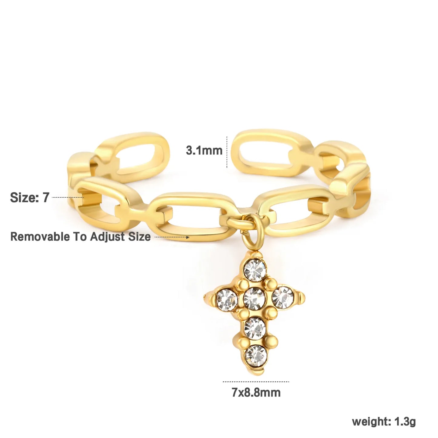 Wholesale Multi-Charm Open Ring | Star/Heart/Leaf/Cross with White Zircon | 10.7mm High Size 7 | Gold Plated Stainless Steel