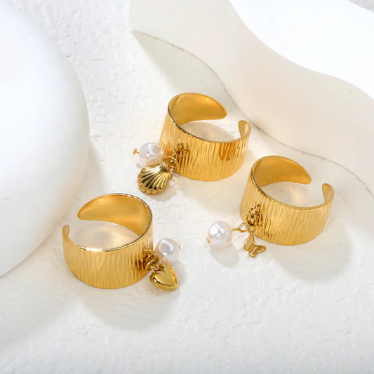 Wholesale Pearl Accent Open Ring | Heart/Shell/Butterfly Charm Design | 11.75mm High Size 7 | Gold Plated Stainless Steel