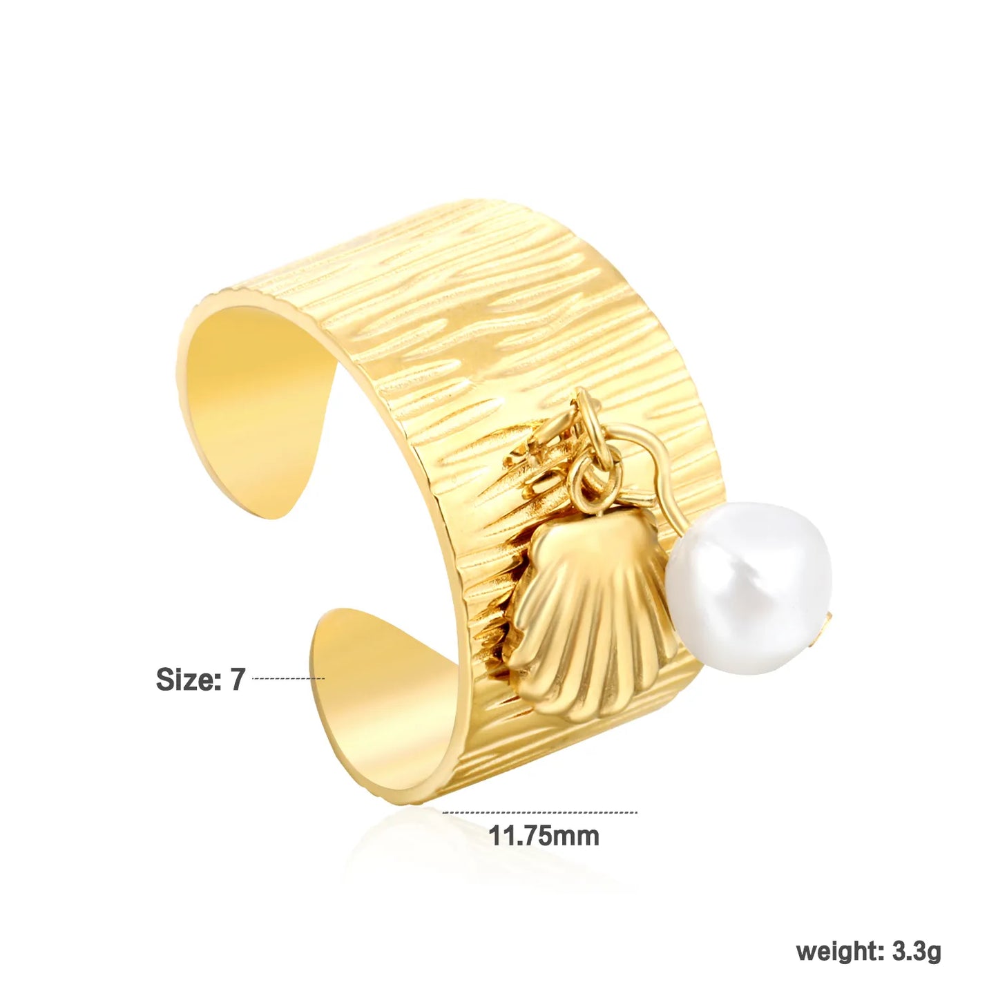 Wholesale Pearl Accent Open Ring | Heart/Shell/Butterfly Charm Design | 11.75mm High Size 7 | Gold Plated Stainless Steel