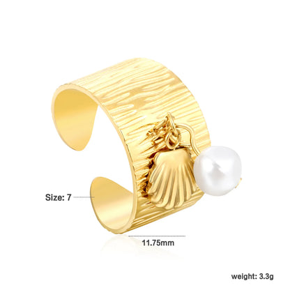 Wholesale Pearl Accent Open Ring | Heart/Shell/Butterfly Charm Design | 11.75mm High Size 7 | Gold Plated Stainless Steel