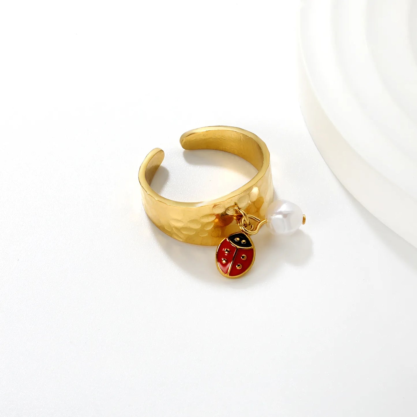 Wholesale Ladybug and Butterfly/Ladybug and Artificial Pearls  Ring |9.4mm High Size 7 | Gold Plated Stainless Steel Dainty Ring