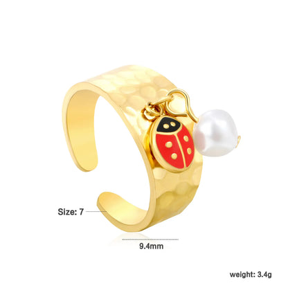 Wholesale Ladybug and Butterfly/Ladybug and Artificial Pearls  Ring |9.4mm High Size 7 | Gold Plated Stainless Steel Dainty Ring
