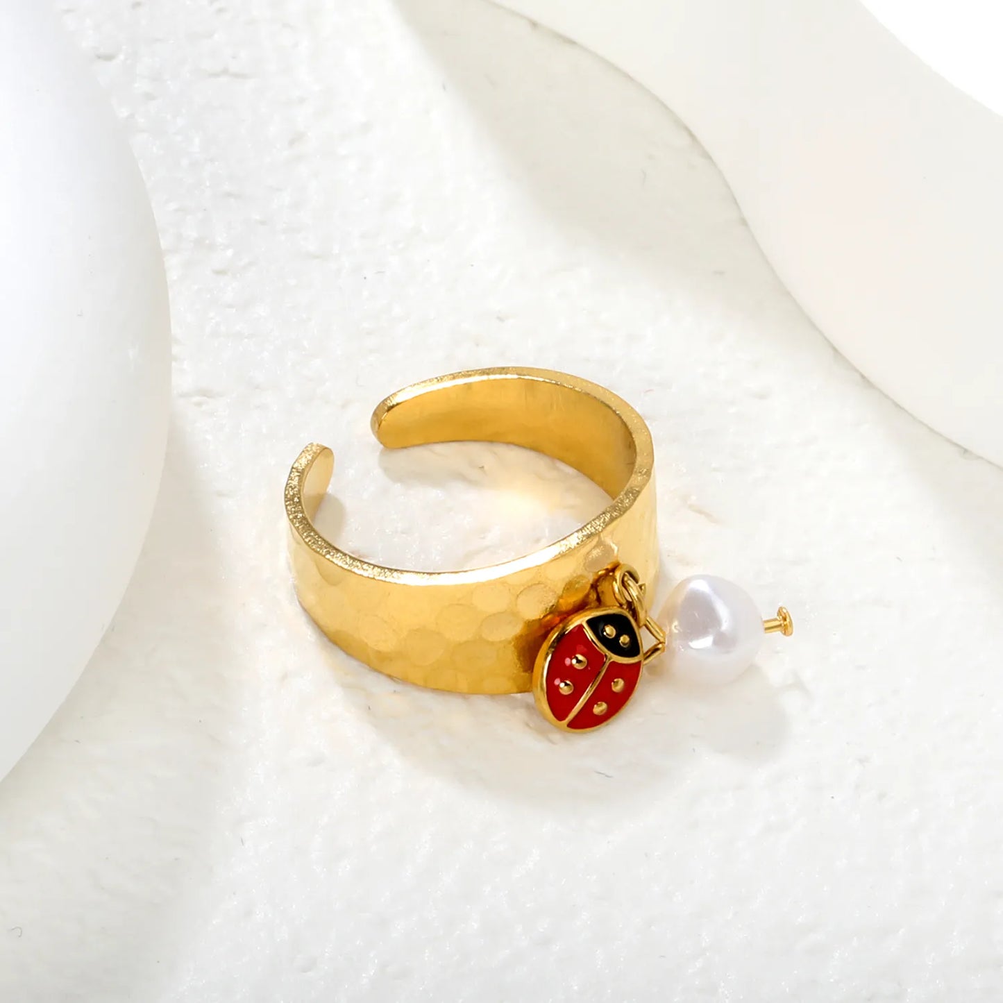 Wholesale Ladybug and Butterfly/Ladybug and Artificial Pearls  Ring |9.4mm High Size 7 | Gold Plated Stainless Steel Dainty Ring