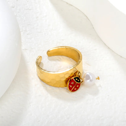 Wholesale Ladybug and Butterfly/Ladybug and Artificial Pearls  Ring |9.4mm High Size 7 | Gold Plated Stainless Steel Dainty Ring