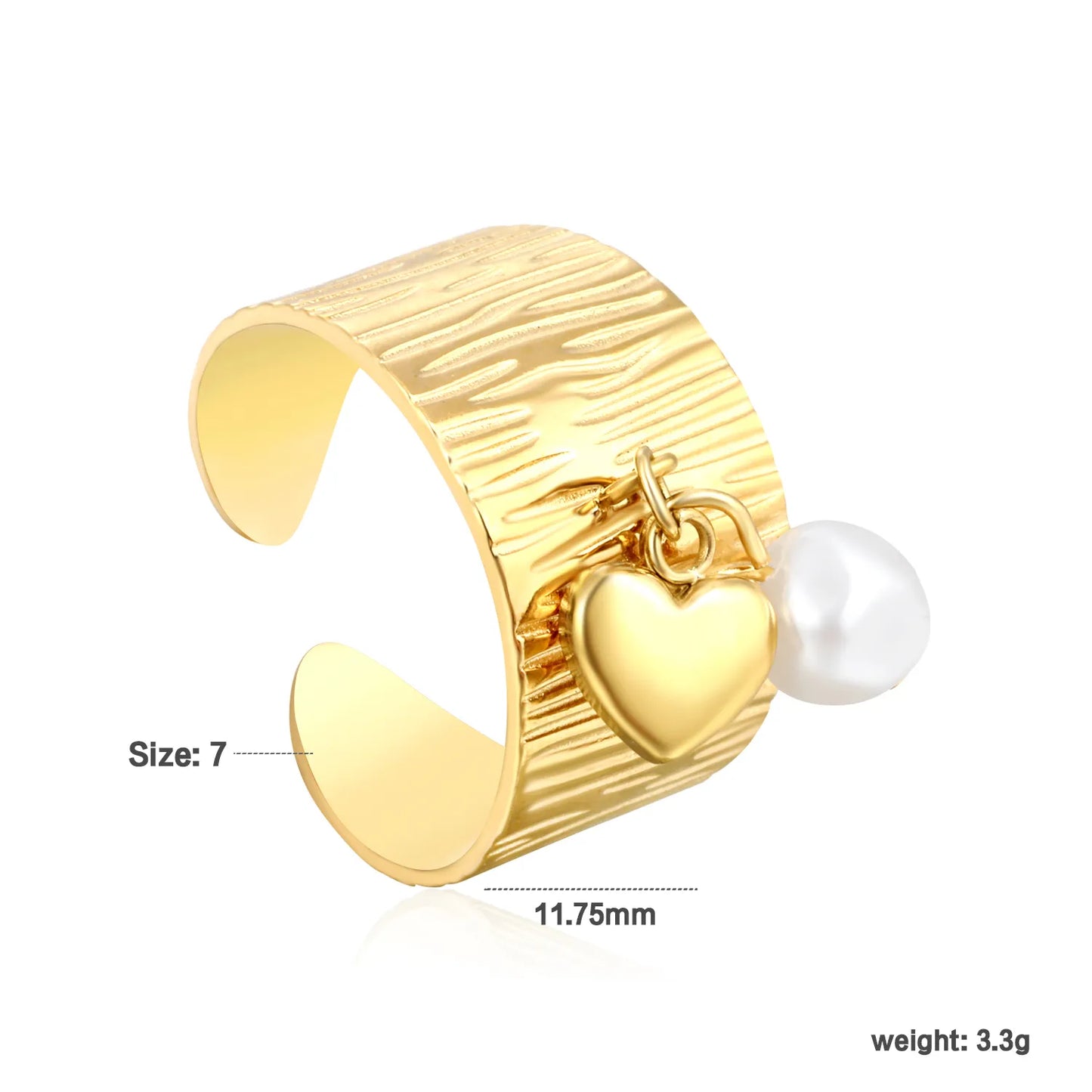 Wholesale Pearl Accent Open Ring | Heart/Shell/Butterfly Charm Design | 11.75mm High Size 7 | Gold Plated Stainless Steel