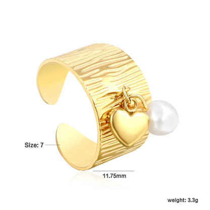 Wholesale Pearl Accent Open Ring | Heart/Shell/Butterfly Charm Design | 11.75mm High Size 7 | Gold Plated Stainless Steel