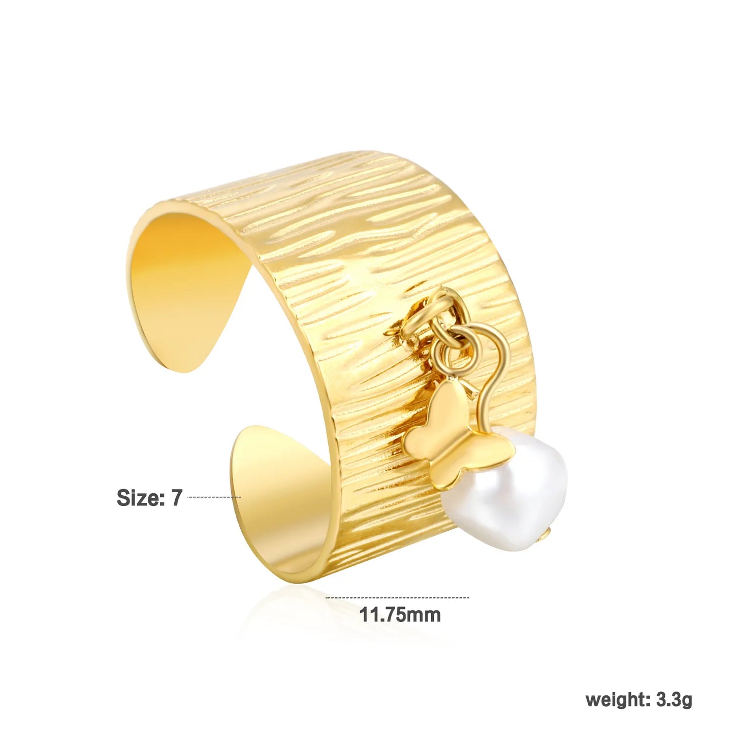 Wholesale Pearl Accent Open Ring | Heart/Shell/Butterfly Charm Design | 11.75mm High Size 7 | Gold Plated Stainless Steel