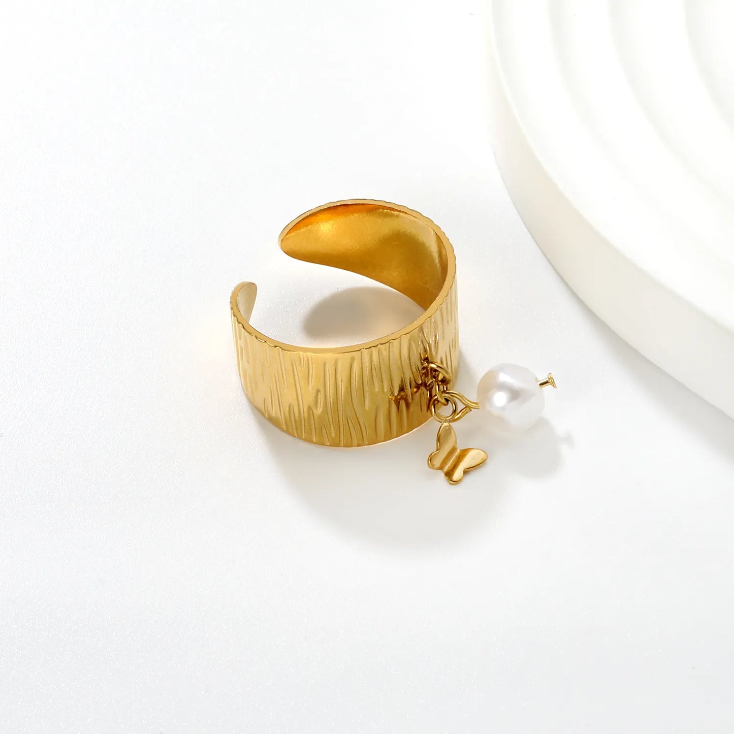 Wholesale Pearl Accent Open Ring | Heart/Shell/Butterfly Charm Design | 11.75mm High Size 7 | Gold Plated Stainless Steel