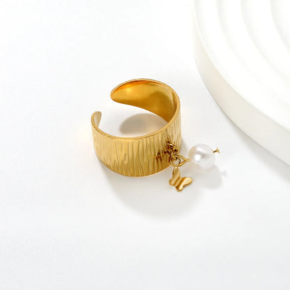 Wholesale Pearl Accent Open Ring | Heart/Shell/Butterfly Charm Design | 11.75mm High Size 7 | Gold Plated Stainless Steel