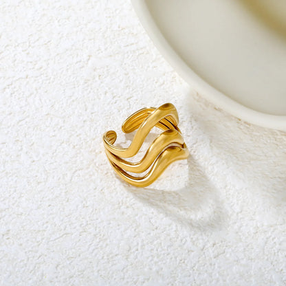 ✨ Gold Plated Wave Ring | 19.7mm Irregular Wavy Open Stacking Ring | Stainless Steel Boho Statement Ring for Women | Wholesale Jewelry