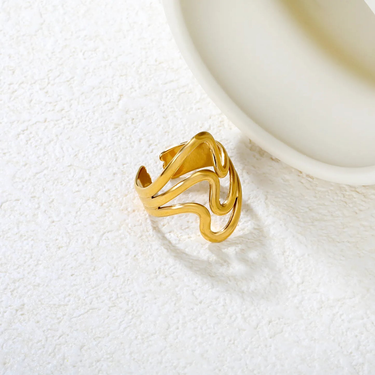 ✨ Wholesale 23.96mm Gold Wave Ring | Irregular Cut-Out Open Ring | Bulk Stainless Steel Statement Ring for Women | Boho Chic Jewelry