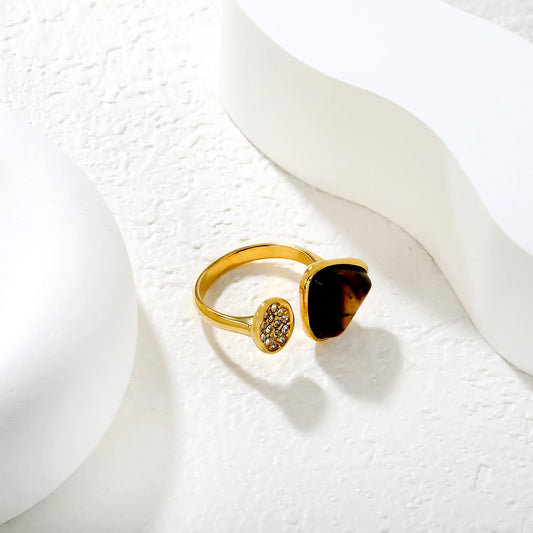 ✨ Wholesale 14mm Triangle Amber Resin Ring | Two-Tone 18k Gold Plated Statement Ring with Zircon