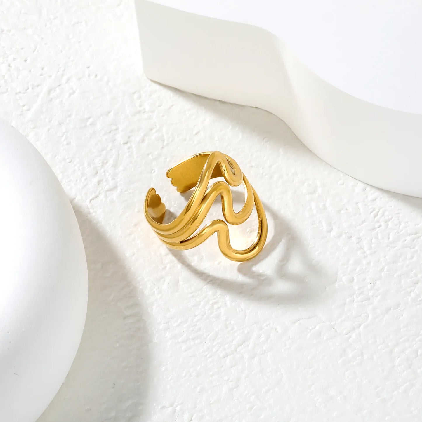 ✨ Wholesale 23.96mm Gold Wave Ring | Irregular Cut-Out Open Ring | Bulk Stainless Steel Statement Ring for Women | Boho Chic Jewelry