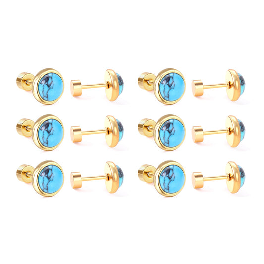 12 pairs 4mm/6mm/8mm Steel Color/Gold Turquoise Screwback Earrings