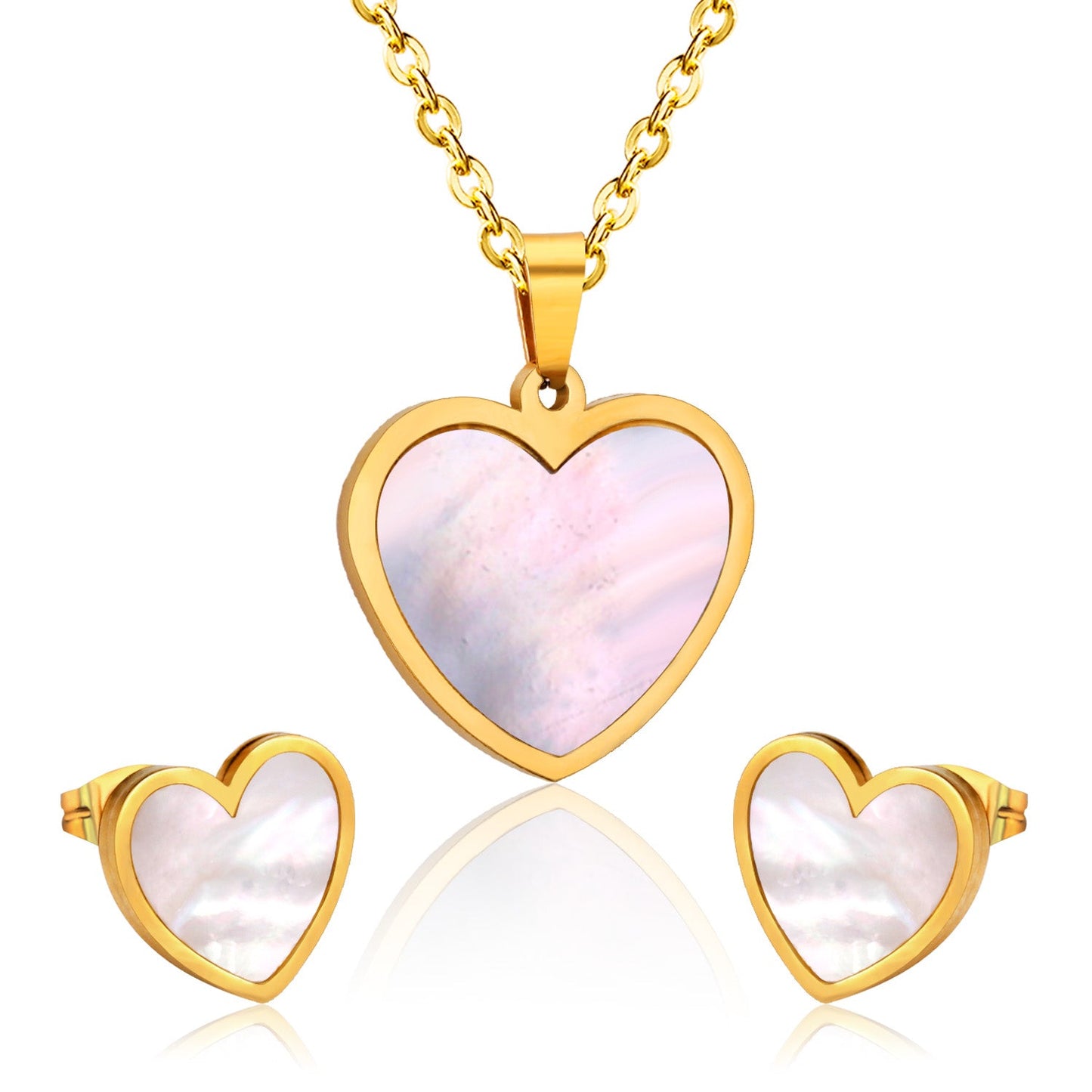 Steel/golden cut sticky heart white shell jewelry set