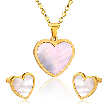 Steel/golden cut sticky heart white shell jewelry set