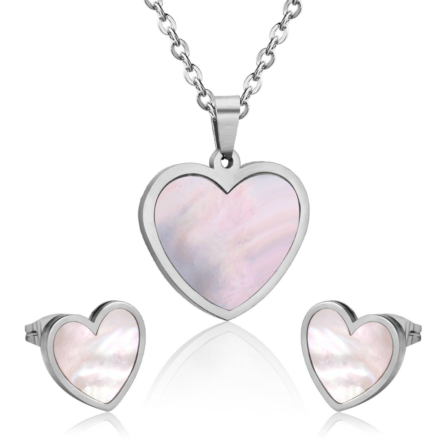 Steel/golden cut sticky heart white shell jewelry set